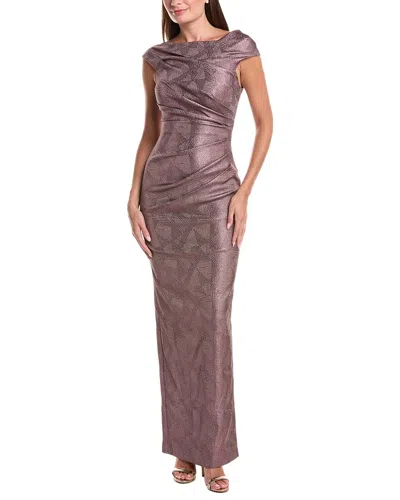 Teri Jon By Rickie Freeman Stretch Jacquard Ruched Asymmetrical Neck Gown In Brown