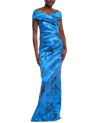Teri Jon Stretch Printed Gazar Draped Off Shoulder In Blue