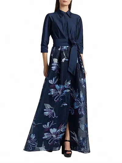 Teri Jon Taffeta Accordion Pleat Gown In Navy In Blue