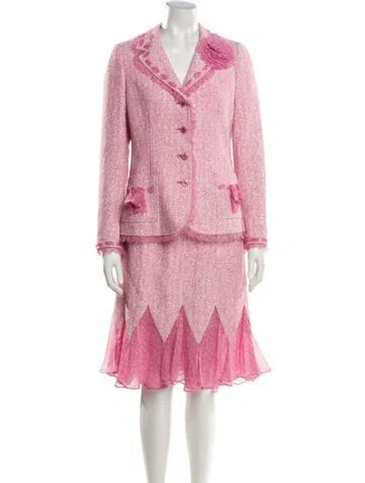 Pre-owned Teri Jon Tweed Pattern Ruffle Embellishment Skirt Suit In Pink