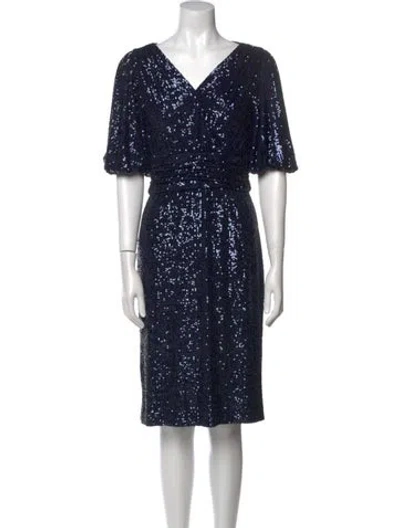 Pre-owned Teri Jon V-neck Knee-length Dress In Blue