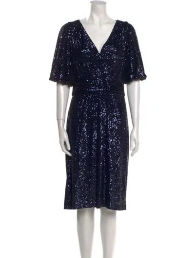 Pre-owned Teri Jon V-neck Knee-length Dress In Blue