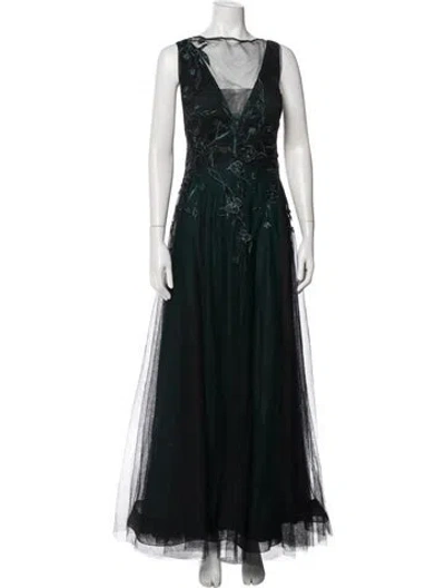 Pre-owned Teri Jon V-neck Long Dress In Black