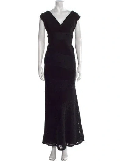 Pre-owned Teri Jon V-neck Long Dress In Black