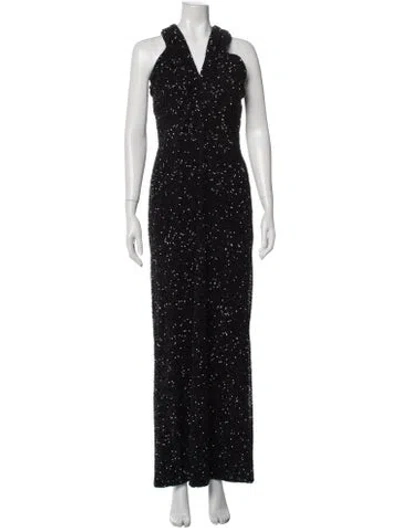 Pre-owned Teri Jon V-neck Long Dress In Black
