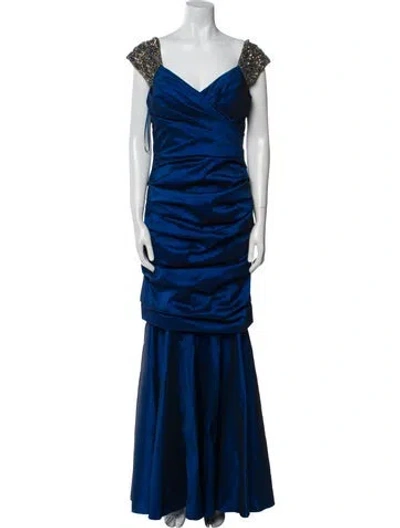 Pre-owned Teri Jon V-neck Long Dress In Blue