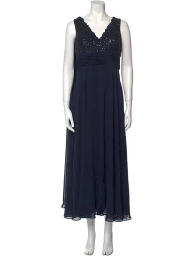 Pre-owned Teri Jon V-neck Long Dress In Blue