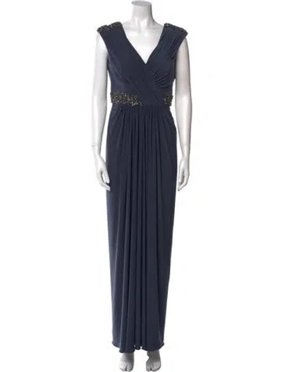 Pre-owned Teri Jon V-neck Long Dress In Blue