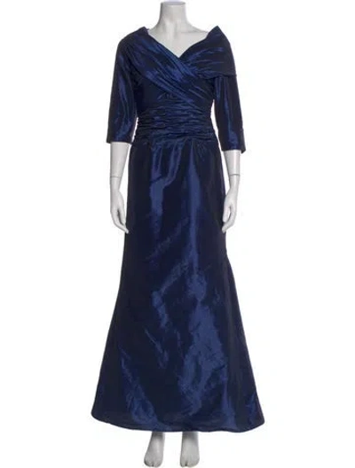 Pre-owned Teri Jon V-neck Long Dress In Blue