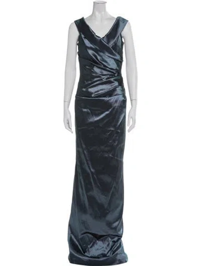 Pre-owned Teri Jon V-neck Long Dress In Blue