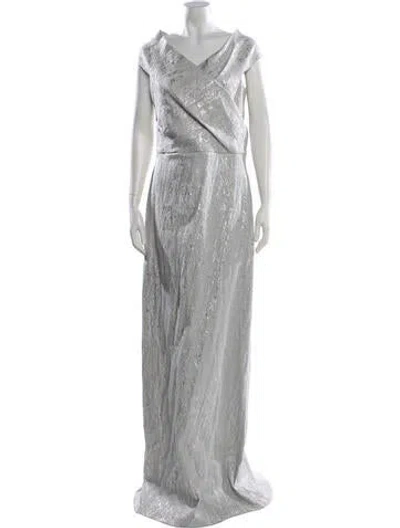 Pre-owned Teri Jon V-neck Long Dress In Gray