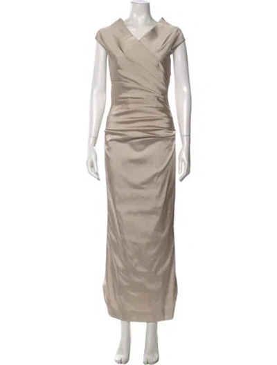 Pre-owned Teri Jon V-neck Long Dress In Neutral