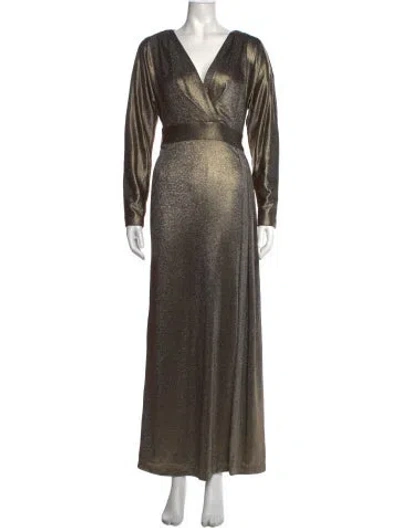 Pre-owned Teri Jon V-neck Long Dress In Neutrals