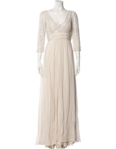 Pre-owned Teri Jon V-neck Long Dress In Silver
