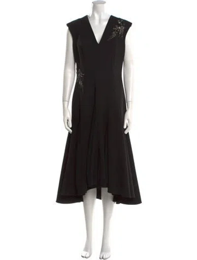 Pre-owned Teri Jon V-neck Midi Length Dress In Black