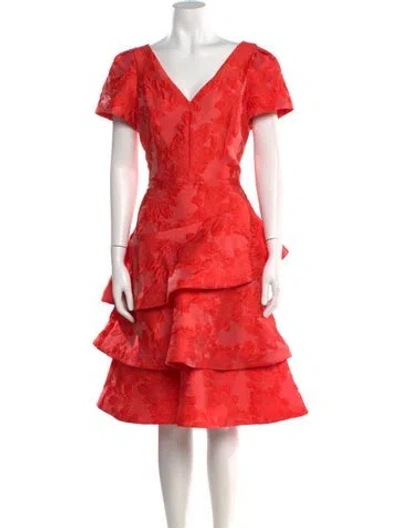 Pre-owned Teri Jon V-neck Midi Length Dress In Red