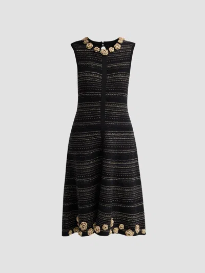 Teri Jon Women's 3d Floral Striped Cotton Midi Dress In Black