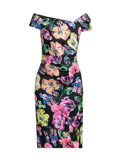 Teri Jon Women's Asymmetric Floral Ruched Cocktail Dress In Multi