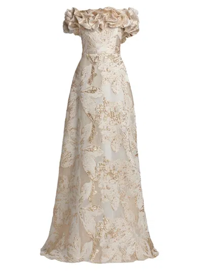 Teri Jon Women's Brocade Scrunched Off-the-shoulder Gown In Brown