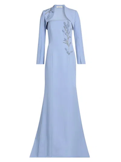 Teri Jon By Rickie Freeman Crepe Bead Trim Bolero & Strapless Gown In Blue