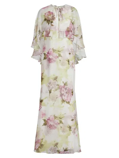 Teri Jon Women's Floral Chiffon Ruffle Capelet Gown In Multi