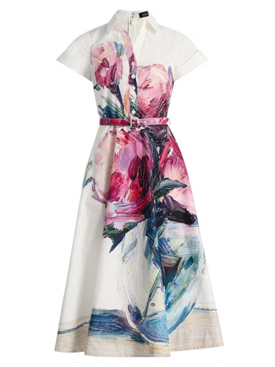 Teri Jon Women's Floral Cotton Shirtwaist Midi-dress In White Multi