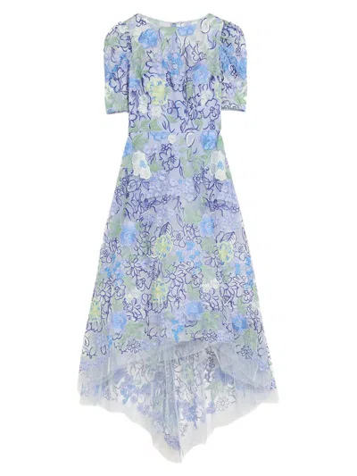 Teri Jon Women's Floral Embroidered Tulle High-low Gown In Blue