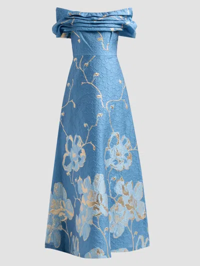 Teri Jon Women's Floral Jacquard Off-the-shoulder A-line Gown In Blue