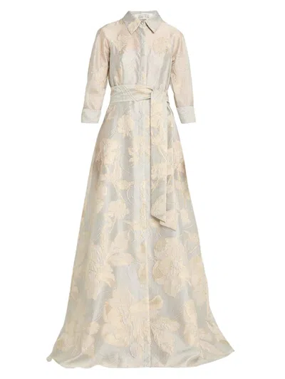 Teri Jon Women's Floral Metallic Jacquard Shirtdress Gown In Neutral