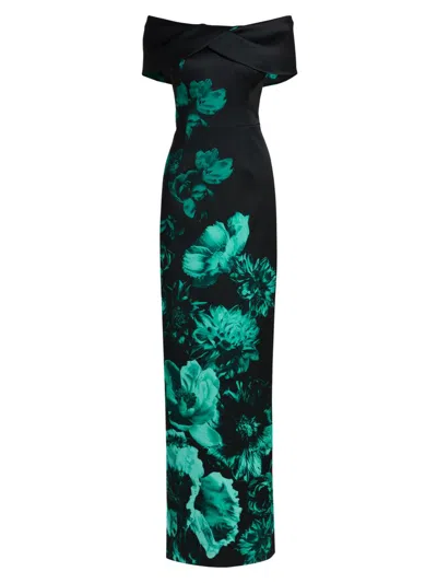 Teri Jon Women's Floral Off-the-shoulder Column Gown In Black