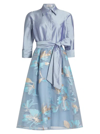 Teri Jon By Rickie Freeman Textured Taffeta Floral Jacquard Shirt Dress In Blue