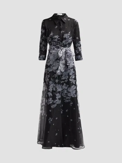 Teri Jon Women's Floral Organza Tie-waist Shirt Gown In Black