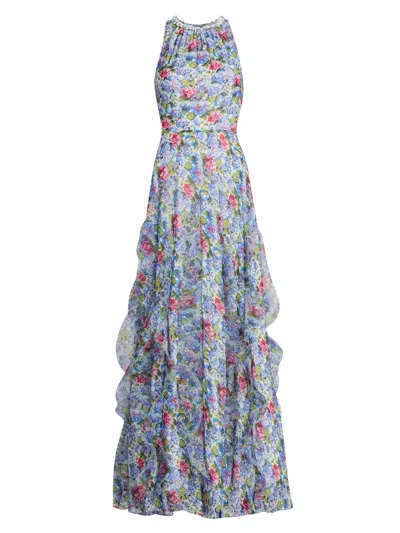 Teri Jon Women's Floral Ruffled Chiffon Gown In Purple