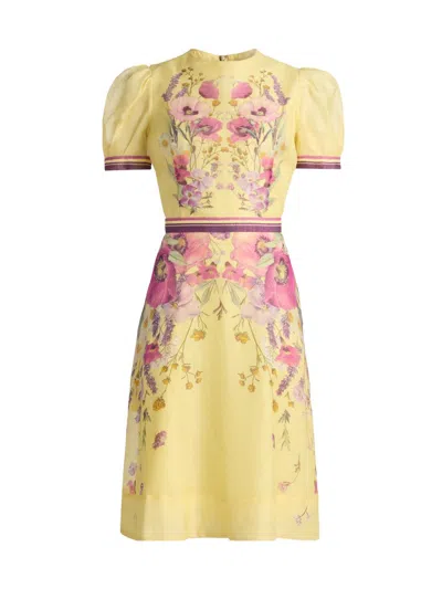 Teri Jon By Rickie Freeman Silken Linen Short Sleeve Placed Floral Print Dress In Yellow