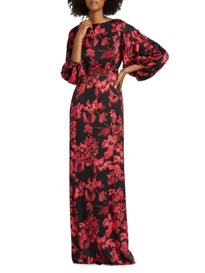 Teri Jon Women's Floral Twill Gown In Red