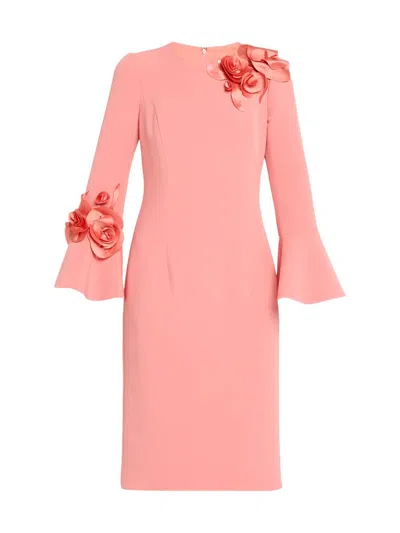 Teri Jon Women's Flower Appliqué Flair-cuff Mikado Crepe Midi-dress In Pink