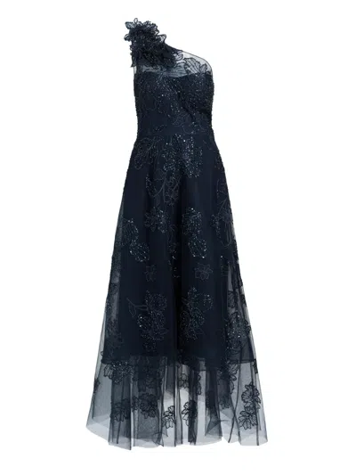 Teri Jon Women's Flower Embellished One-shoulder Tea-length Dress In Blue