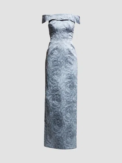 Teri Jon By Rickie Freeman Jacquard Off-the-shoulder Gown In Slate