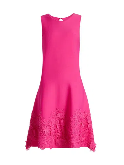 Teri Jon By Rickie Freeman Knit Fit-and-flare Lace Trim Dress In Pink