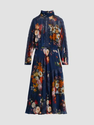 Teri Jon Women's Lace-trim Floral Silk Midi Dress In Blue