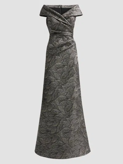 Teri Jon By Rickie Freeman Metallic Leaf Jacquard Off-the-shoulder Gown In Gray