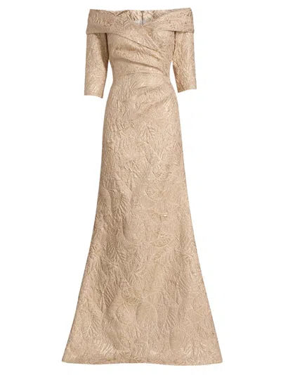 Teri Jon By Rickie Freeman Off-the-shoulder Metallic Jacquard Gown In Pink