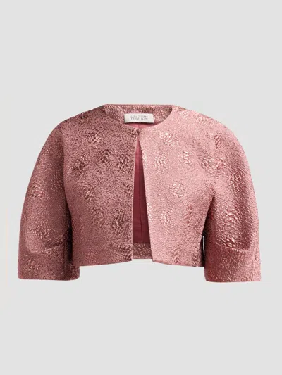 Teri Jon By Rickie Freeman Metallic Jacquard Bolero Jacket In Pink
