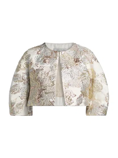 Teri Jon By Rickie Freeman Metallic Jacquard Bolero Jacket In Neutral