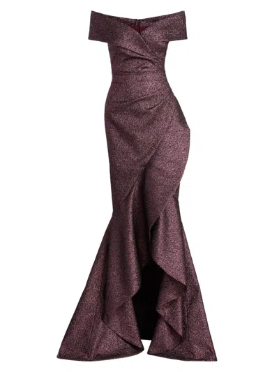 Teri Jon Women's Metallic Jacquard Off-the-shoulder Gown In Purple