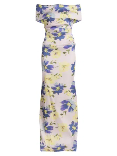 Teri Jon Women's Mikado Floral Cuff Bodice Ruched Gown In Multi