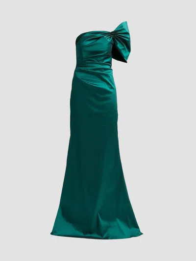 Teri Jon By Rickie Freeman Taffeta One Shoulder Bow Gown In Blue
