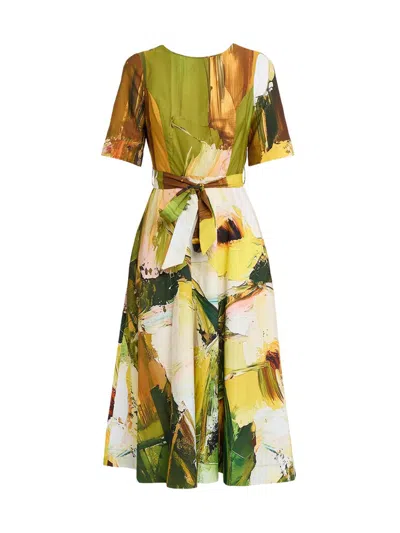 Teri Jon Women's Paint-printed Boatneck Cotton Apron Midi-dress In Green