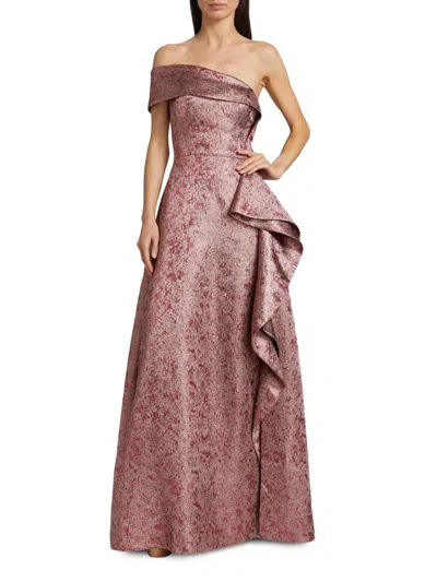 Teri Jon Women's Ruffle Metallic Jacquard Off-the-shoulder Gown In Purple