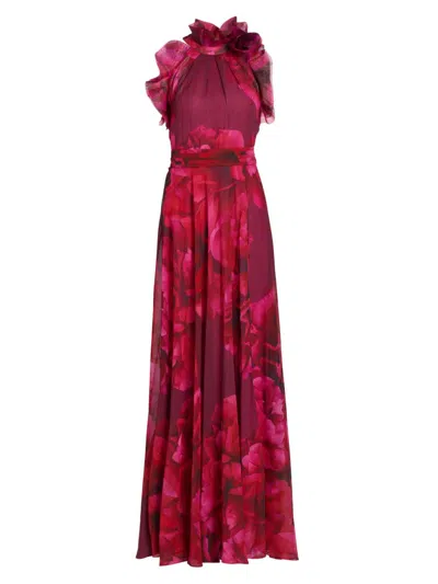 Teri Jon Women's Ruffled Floral Chiffon Organza Halterneck Gown